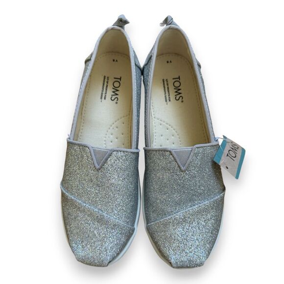 TOMS Girls Alpargata Espadrille Slip-On Silver Glitter Shoes Size 5 NWT - Picture 3 of 4